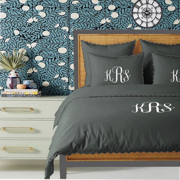 Monogram Dark Grey 400TC Cotton Small Scallop Embroidery Duvet Cover Set