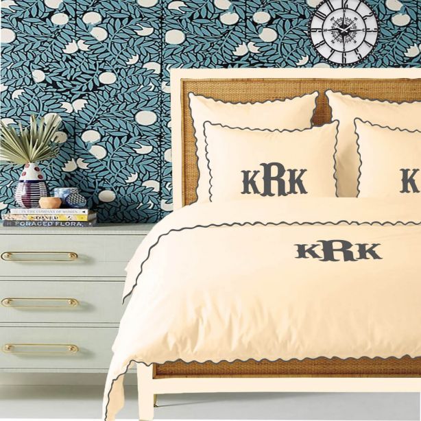 Monogram Ivory 400TC Cotton Small Scallop Embroidery Duvet Cover Set