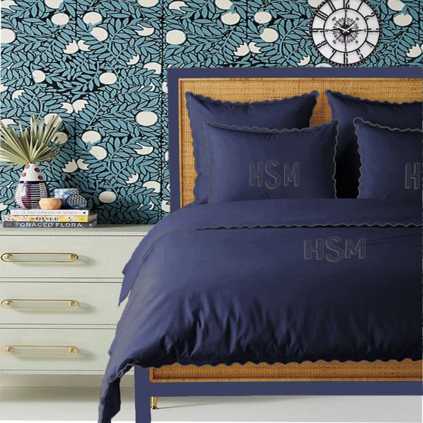 Monogram Navy 400TC Cotton Small Scallop Embroidery Duvet Cover Set