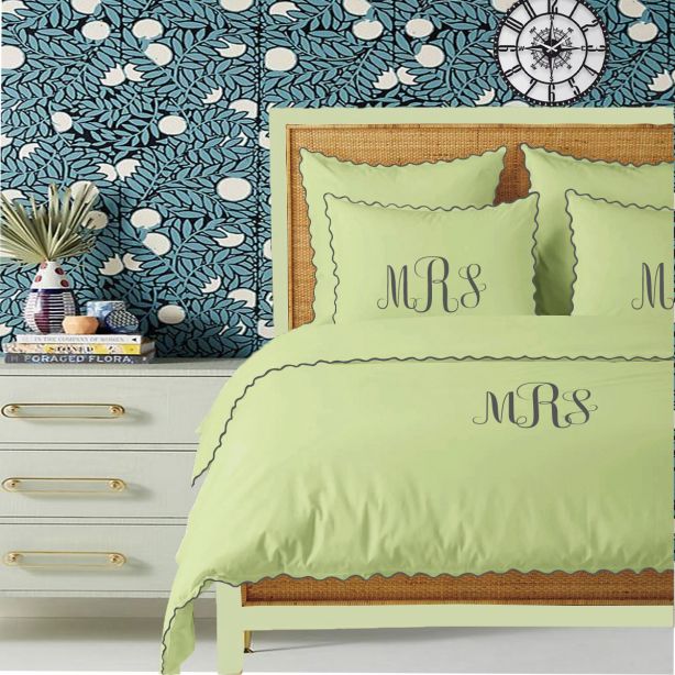 Monogram Sage 400TC Cotton Small Scallop Embroidery Duvet Cover Set