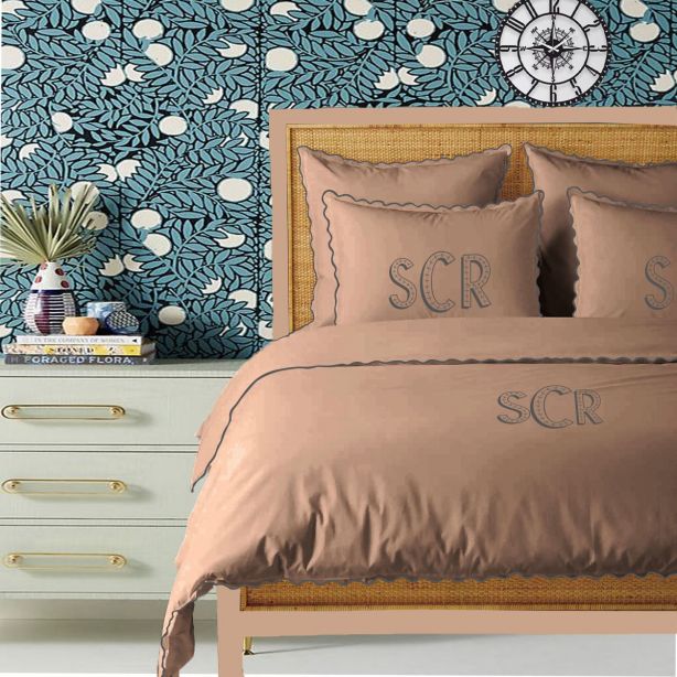 Monogram Taupe 400TC Cotton Small Scallop Embroidery Duvet Cover Set