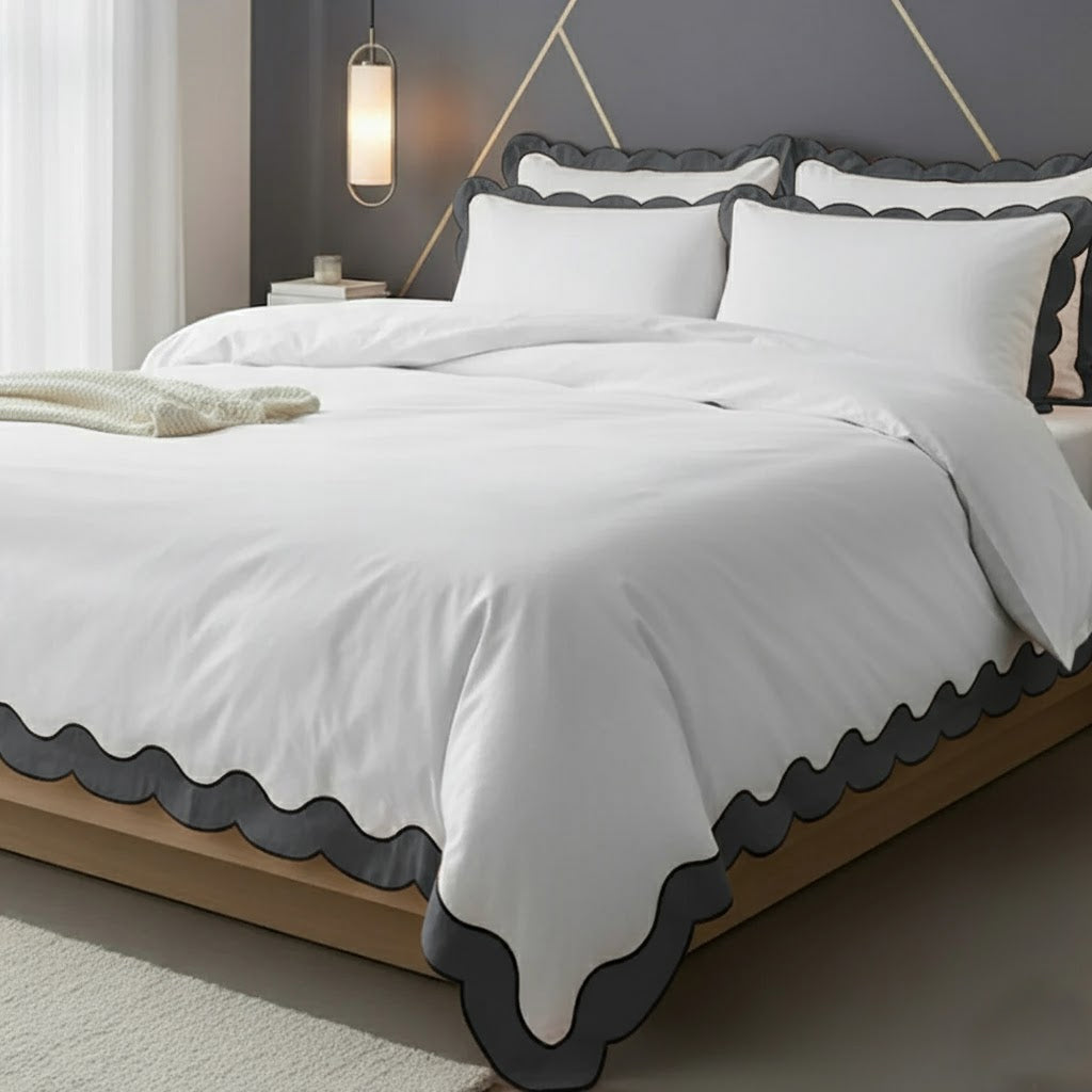 Scalloped & Wavy Applique Embroidery Cotton Duvet Cover Set