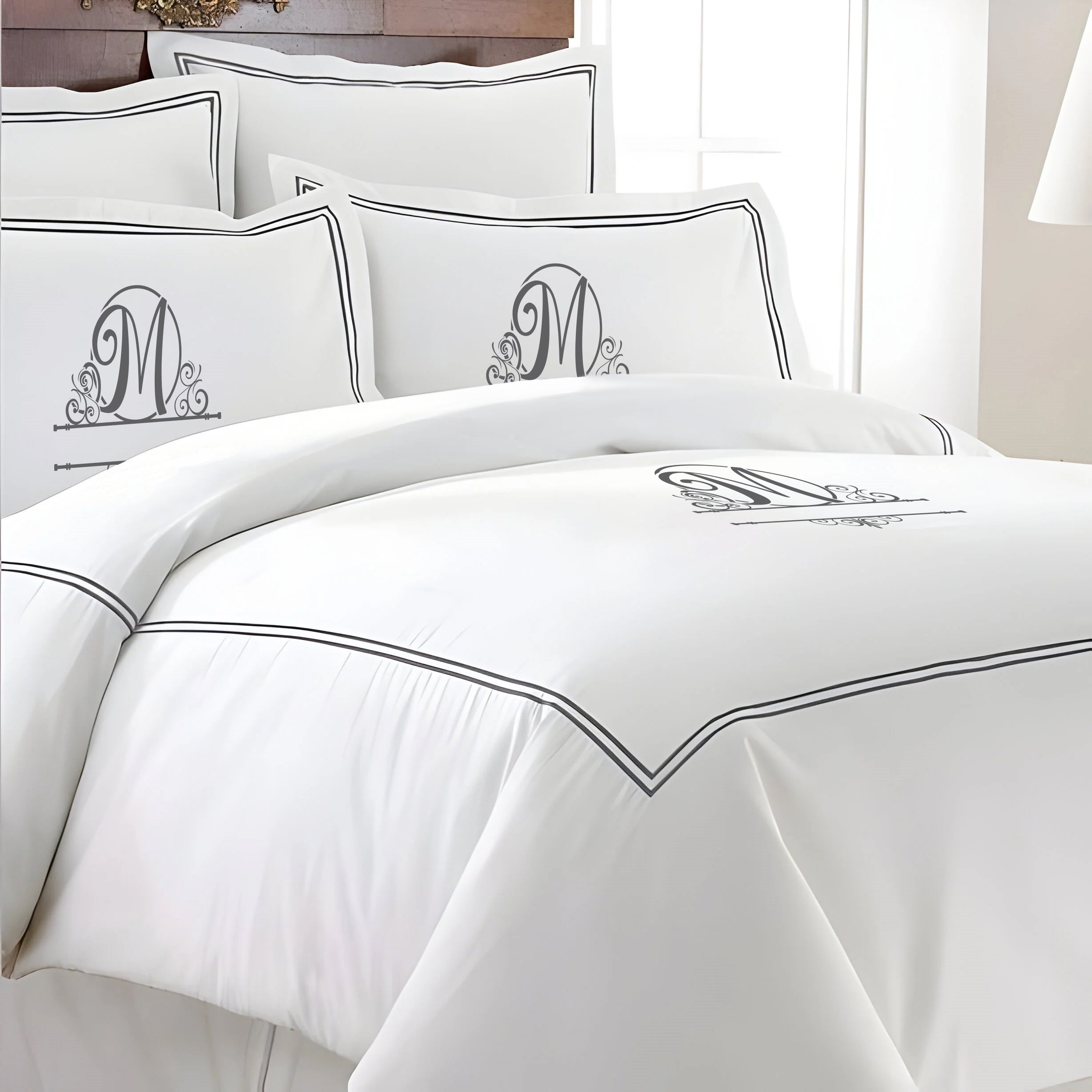 Monogram 400TC Cotton Double Embroidery Sateen Solid Duvet Cover Set