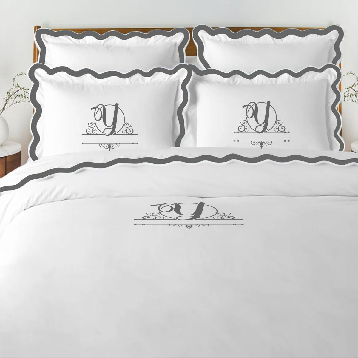 Monogram 400TC Applique Scalloped Embroidery Cotton Duvet Cover Set