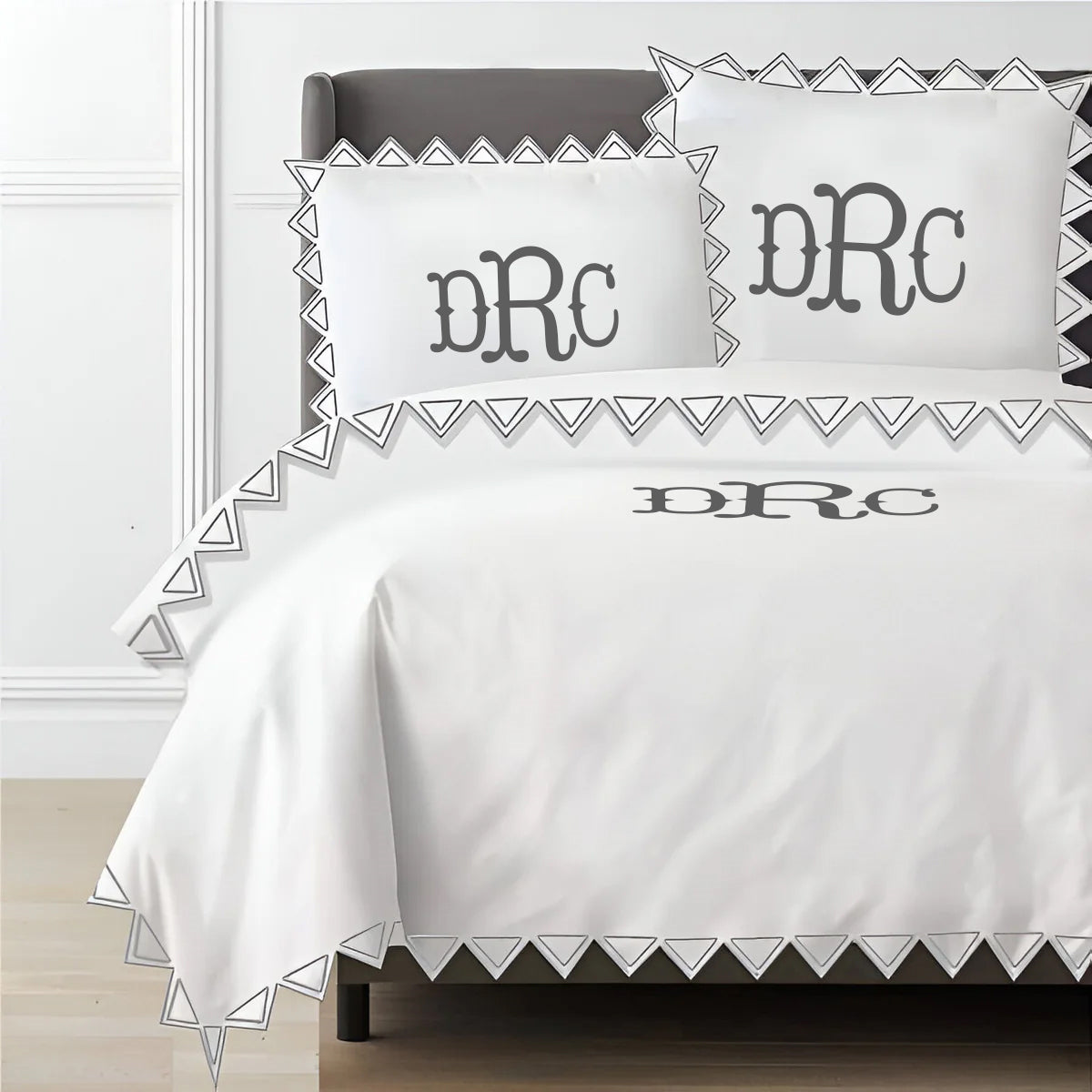 Monogram Ashley 400TC Cotton Traingle Embroidery Sateen Solid Duvet Cover Set