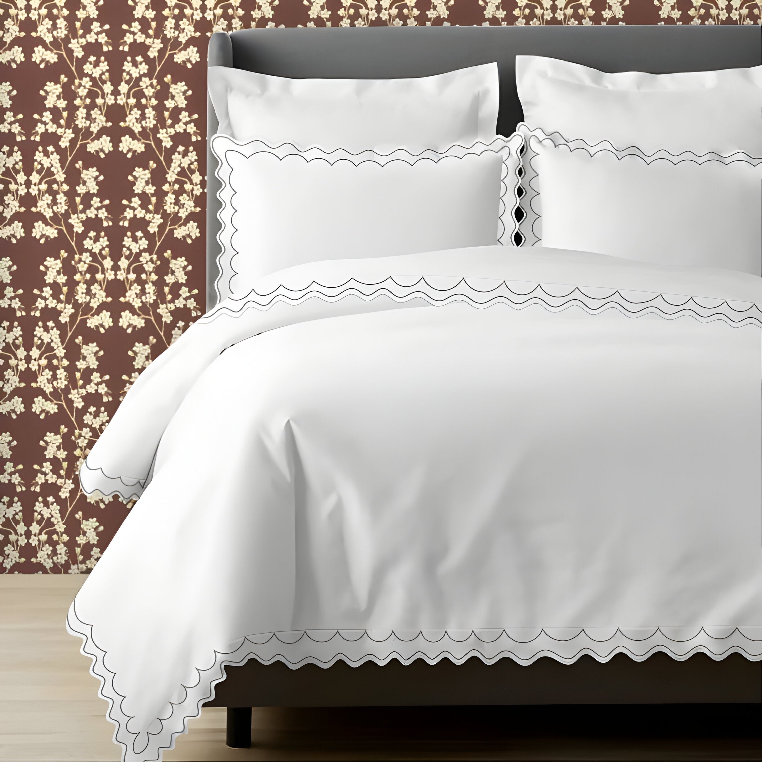 400TC Cotton Sateen Double Scallop Embroidery Duvet Cover Set