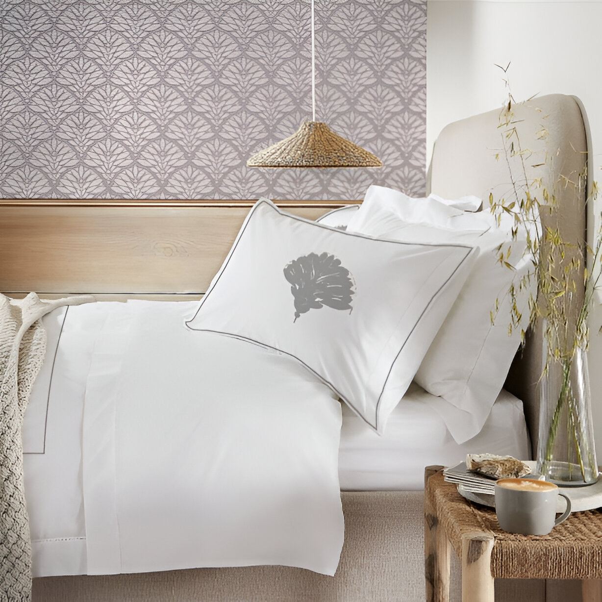 Leafy Embroidered Cotton Sateen Duvet Cover Set