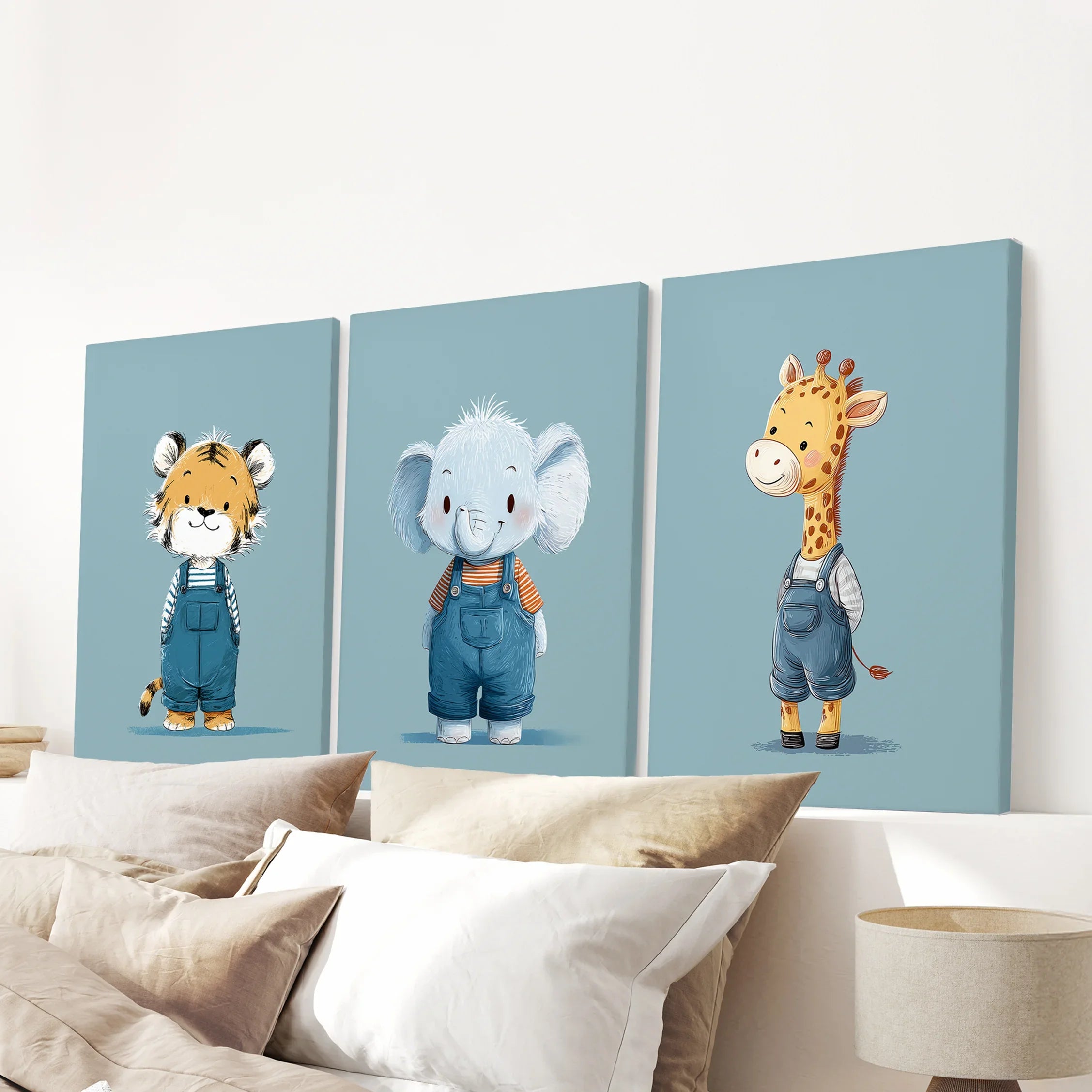Safari Nursery Wall Art Set of 3. Baby Elephant, Giraffe, Tiger