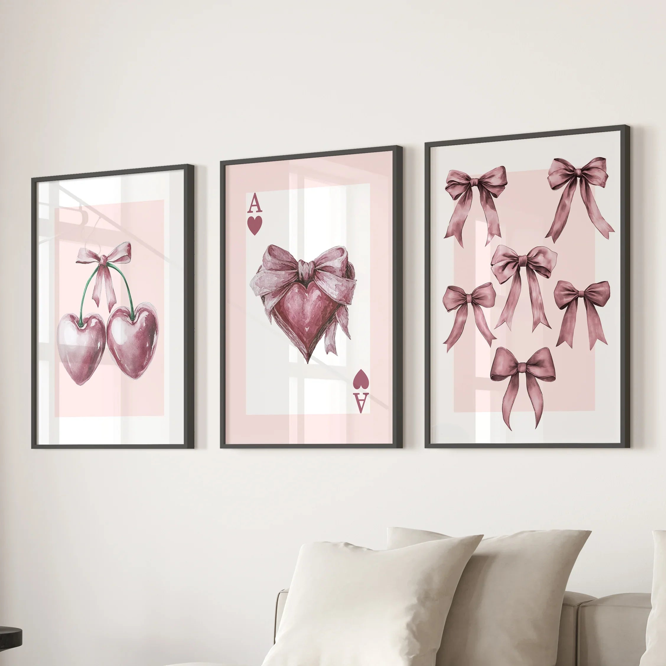Coquette Cherry Wall Art Set of 3. Pink Romantic Decor