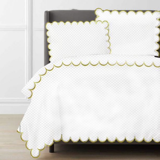 Allena 400TC Cotton Scallop Embroidery Sateen Microcheck Duvet Cover Set