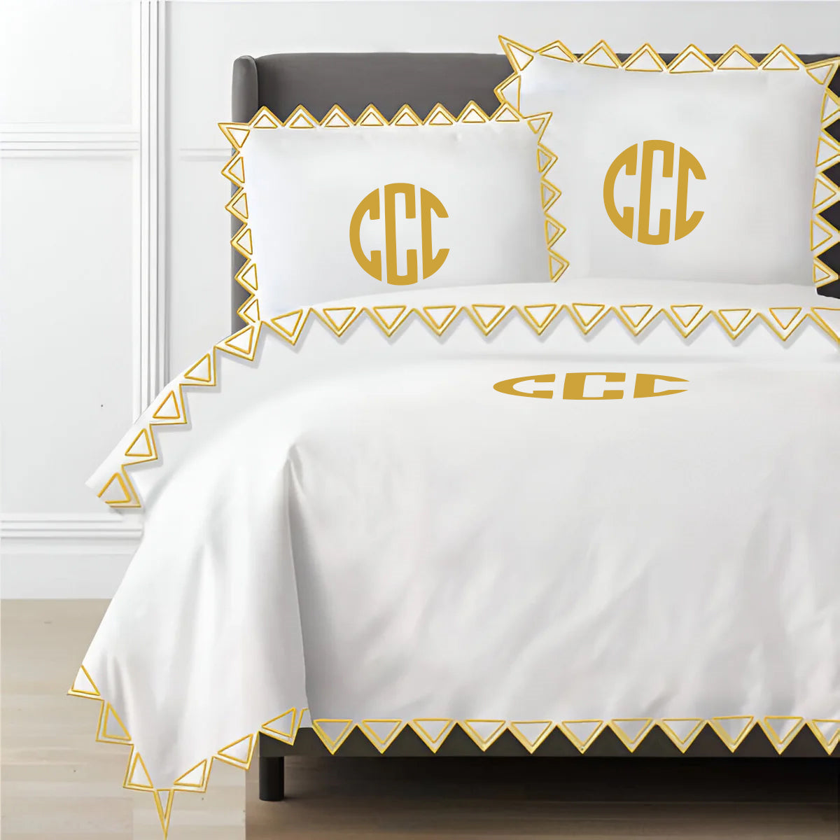 Monogram Ashley 400TC Cotton Traingle Embroidery Sateen Solid Duvet Cover Set