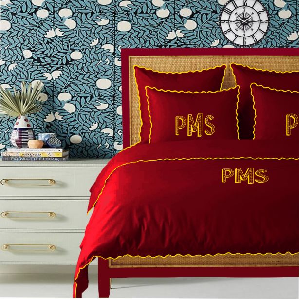 Monogram Burgundy 400TC Cotton Small Scallop Embroidery Duvet Cover Set