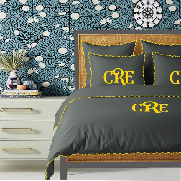 Monogram Dark Grey 400TC Cotton Small Scallop Embroidery Duvet Cover Set