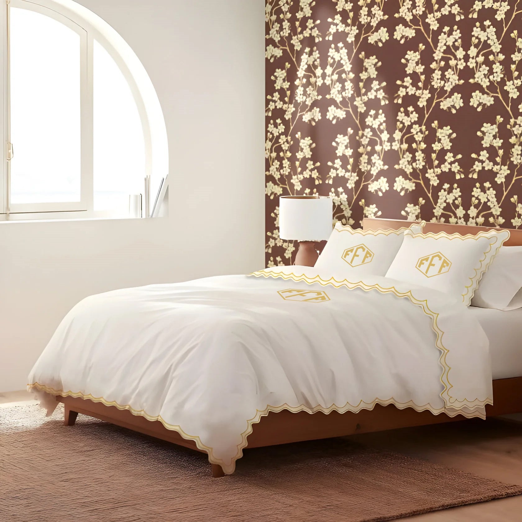 Monogram 400TC Cotton Sateen Double Scallop Embroidery Duvet Cover Set