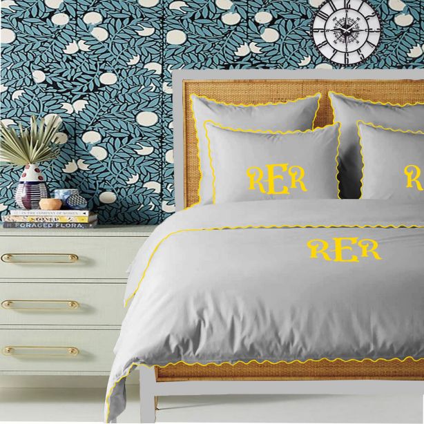 Monogram Light Grey 400TC Cotton Small Scallop Embroidery Duvet Cover Set