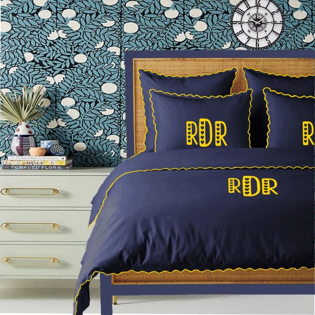 Monogram Navy 400TC Cotton Small Scallop Embroidery Duvet Cover Set