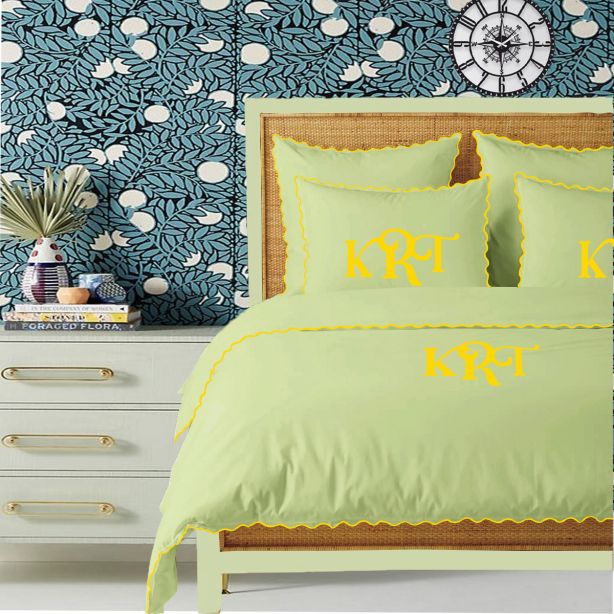 Monogram Sage 400TC Cotton Small Scallop Embroidery Duvet Cover Set
