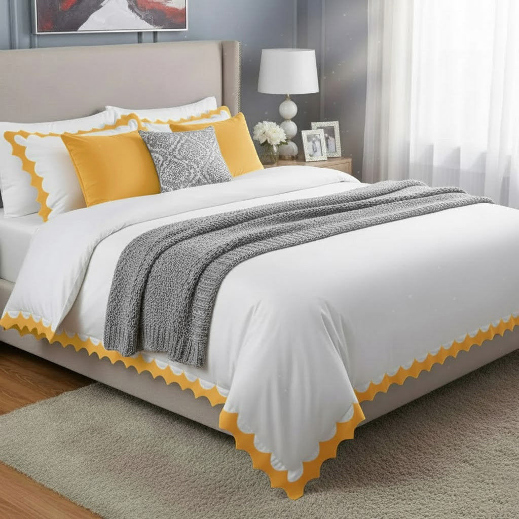 Reverse Scalloped Applique Embroidery Cotton Duvet Cover Set