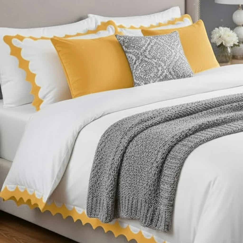 Reverse Scalloped Applique Embroidery Cotton Duvet Cover Set