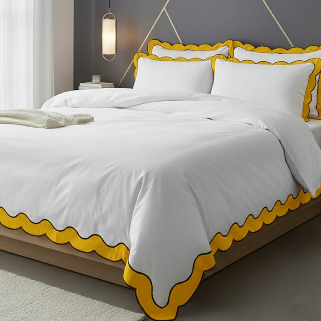 Scalloped & Wavy Applique Embroidery Cotton Duvet Cover Set
