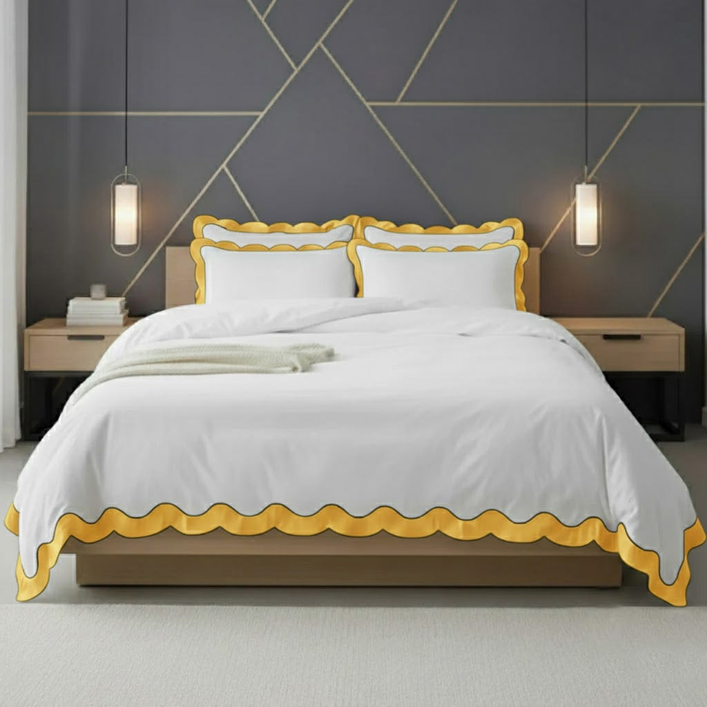 Scalloped & Wavy Applique Embroidery Cotton Duvet Cover Set