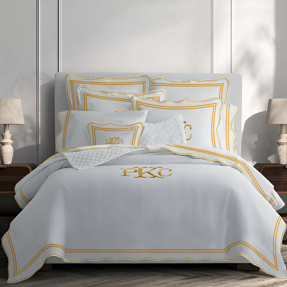 Monogram 400TC Wavy Embroidery & Border Cotton Sateen Solid Duvet Cover Set