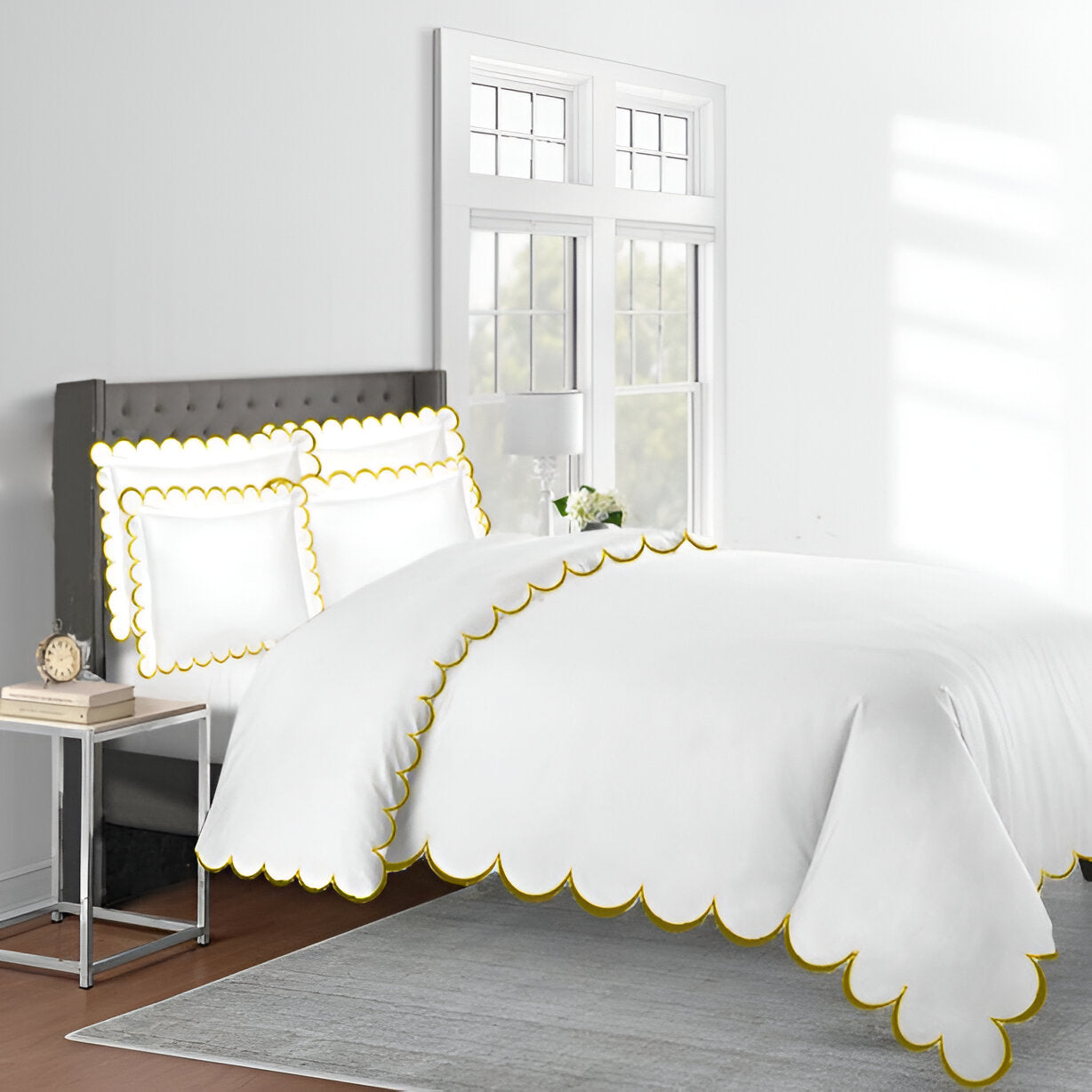 Allena 400TC Cotton Scallop Embroidery Sateen Solid Duvet Cover Set