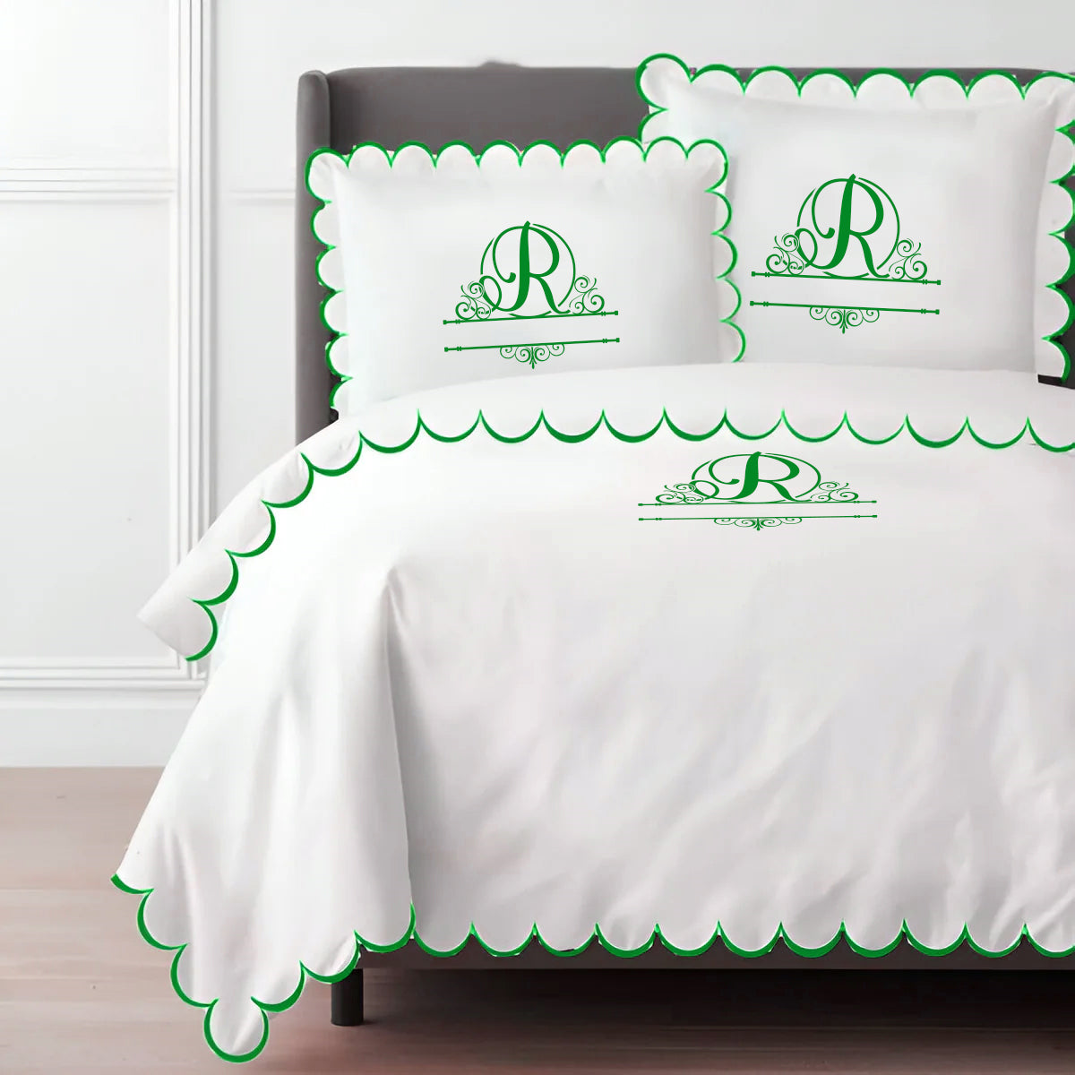 Monogram Allena 400TC Cotton Scallop Embroidery Sateen Solid Duvet Cover Set