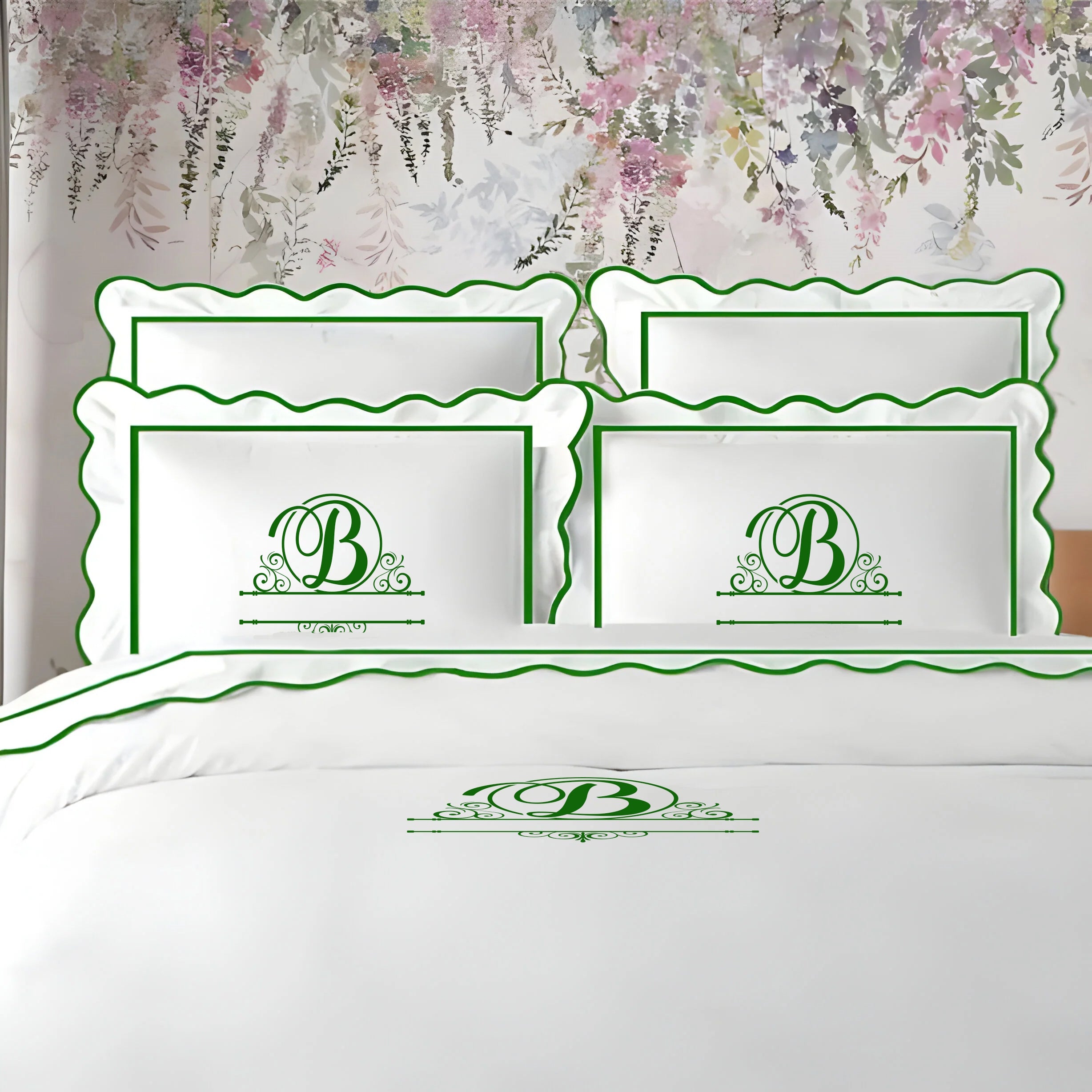 Monogram 400TC Cotton Scallop Embroidery & Border Sateen Solid Duvet Cover Set