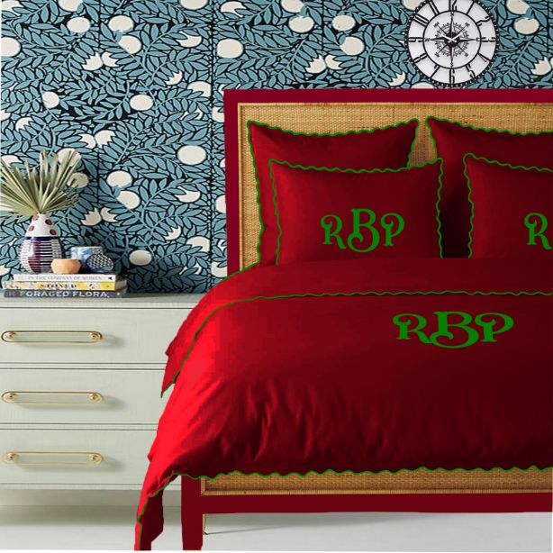 Monogram Burgundy 400TC Cotton Small Scallop Embroidery Duvet Cover Set