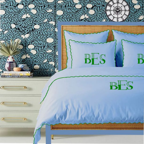 Monogram Light Blue 400TC Cotton Small Scallop Embroidery Duvet Cover Set