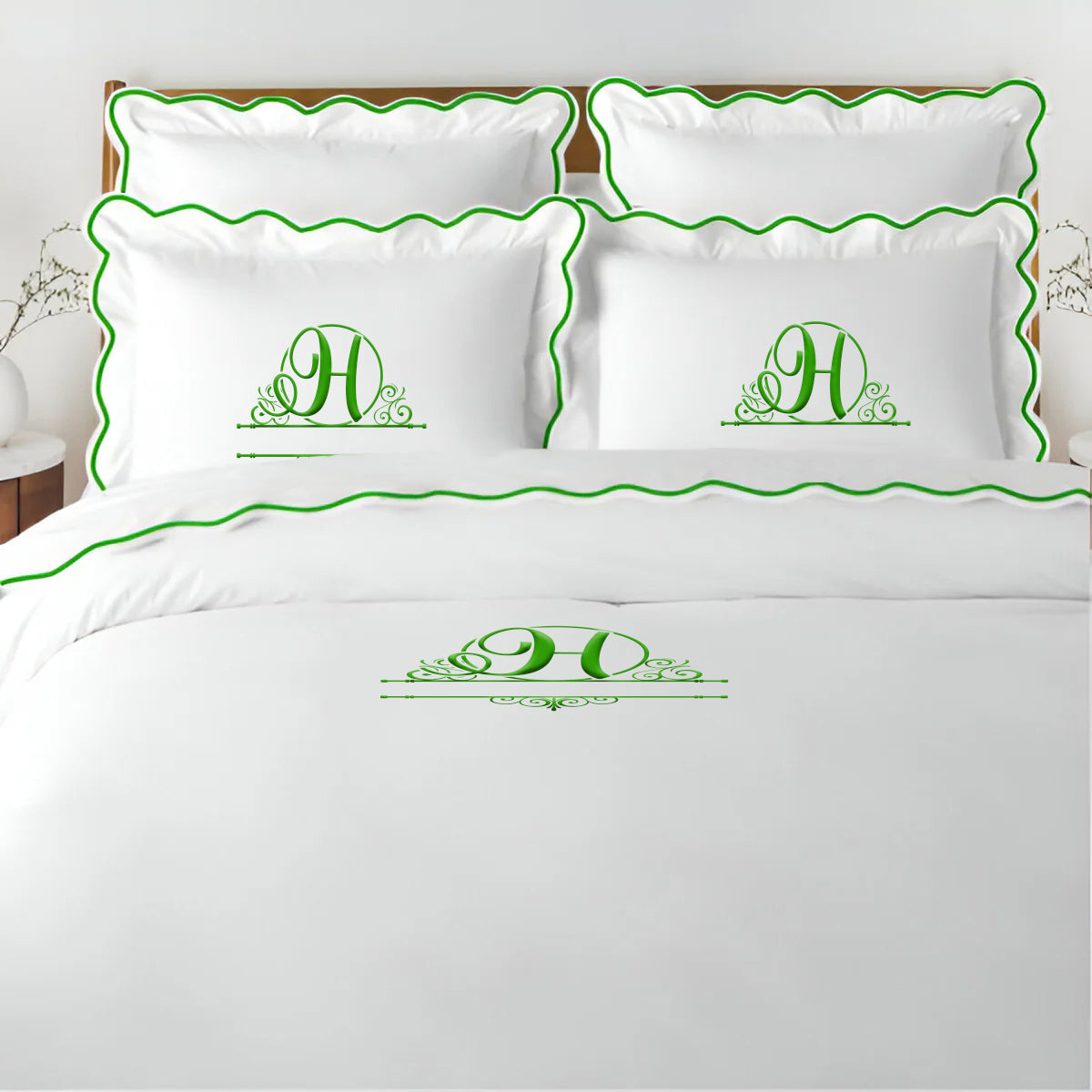 Monogram 400TC Cotton Scallop Embroidery Sateen Solid Duvet Cover Set