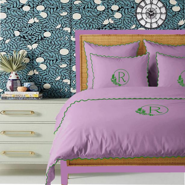 Monogram Lilac 400TC Cotton Small Scallop Embroidery Duvet Cover Set