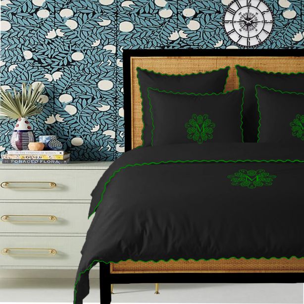 Monogram Black 400TC Cotton Small Scallop Embroidery Duvet Cover Set