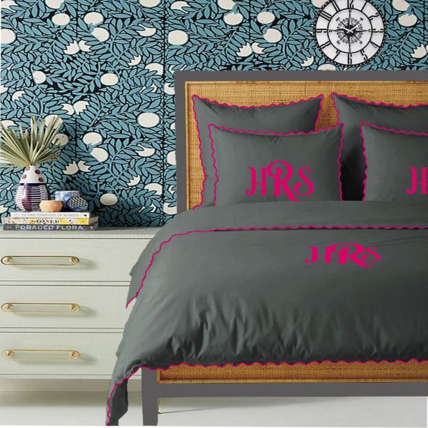 Monogram Dark Grey 400TC Cotton Small Scallop Embroidery Duvet Cover Set