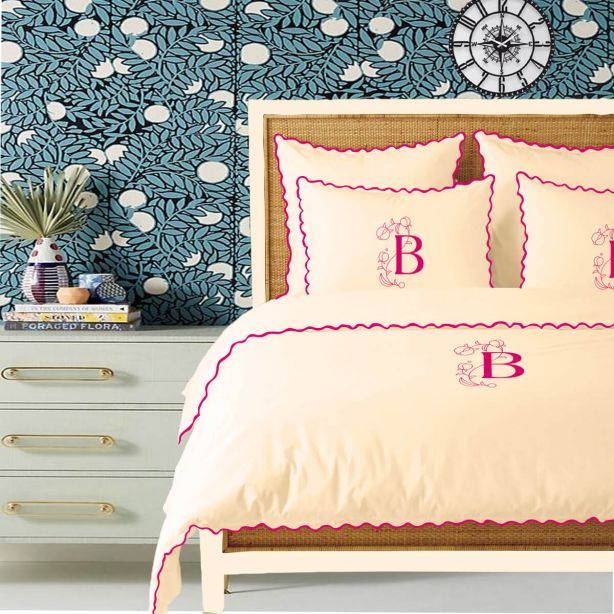 Monogram Ivory 400TC Cotton Small Scallop Embroidery Duvet Cover Set