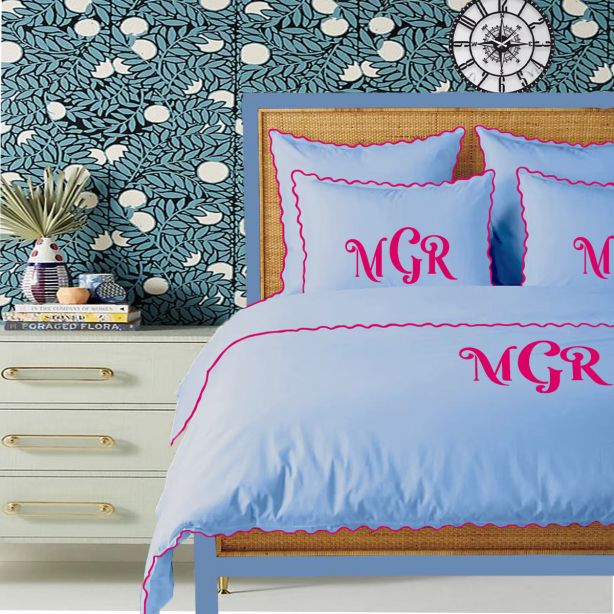 Monogram Light Blue 400TC Cotton Small Scallop Embroidery Duvet Cover Set