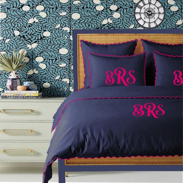 Monogram Navy 400TC Cotton Small Scallop Embroidery Duvet Cover Set