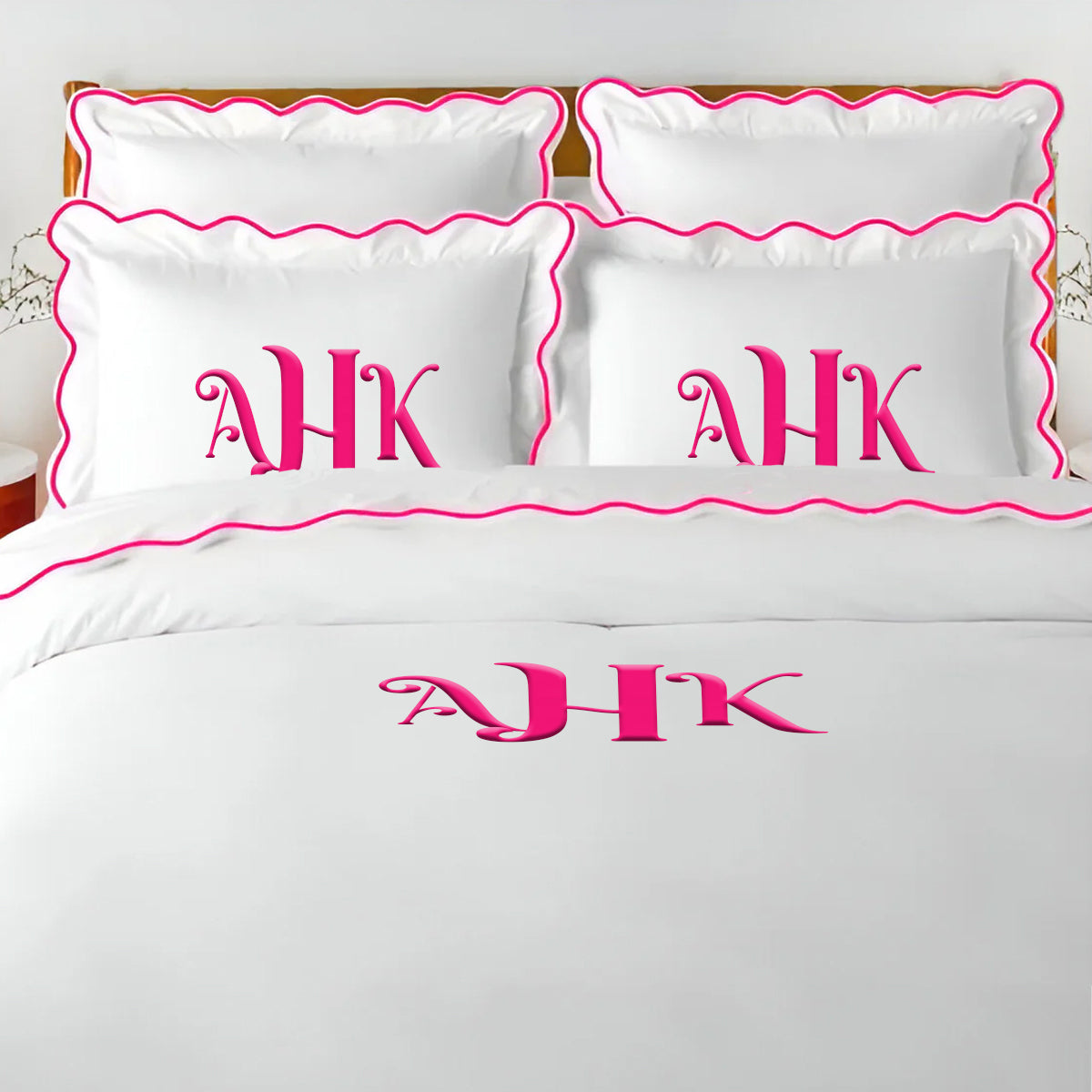 Monogram 400TC Cotton Scallop Embroidery Sateen Solid Duvet Cover Set