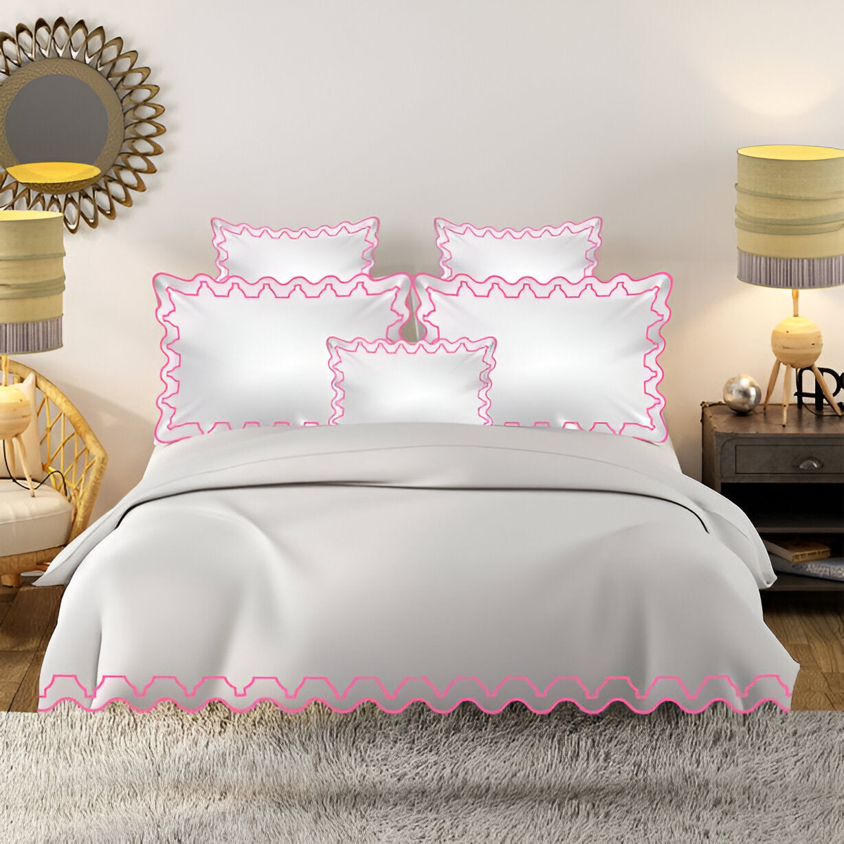 Imaginary Scallop 400TC Cotton Embroidery Sateen Solid Duvet Cover Set
