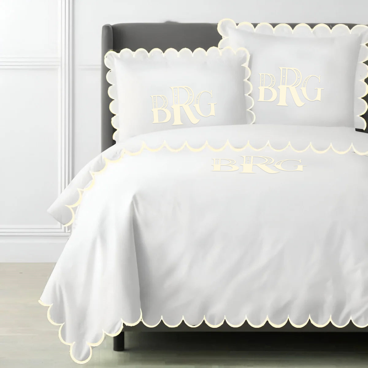 Monogram Allena 400TC Cotton Scallop Embroidery Sateen Solid Duvet Cover Set