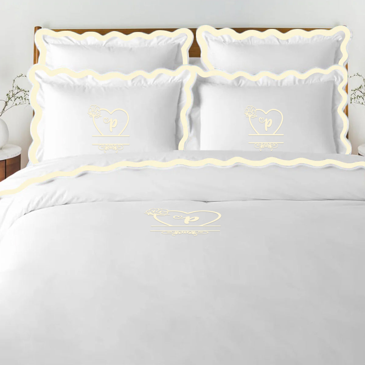 Monogram 400TC Applique Scalloped Embroidery Cotton Duvet Cover Set