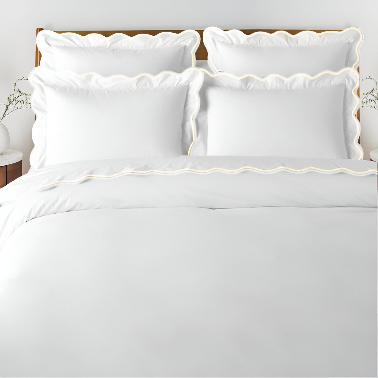 400TC Cotton Scallop Embroidery Sateen Solid Duvet Cover Set
