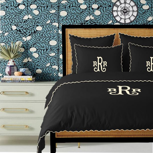 Monogram Black 400TC Cotton Small Scallop Embroidery Duvet Cover Set