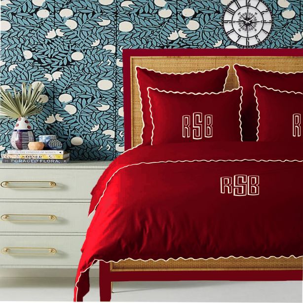 Monogram Burgundy 400TC Cotton Small Scallop Embroidery Duvet Cover Set