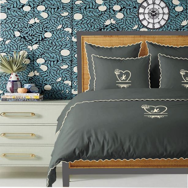 Monogram Dark Grey 400TC Cotton Small Scallop Embroidery Duvet Cover Set