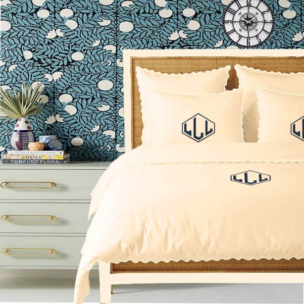 Monogram Ivory 400TC Cotton Small Scallop Embroidery Duvet Cover Set