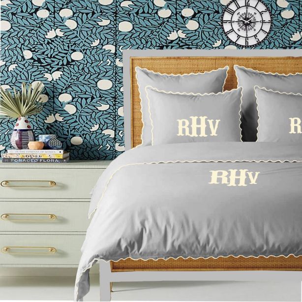 Monogram Light Grey 400TC Cotton Small Scallop Embroidery Duvet Cover Set
