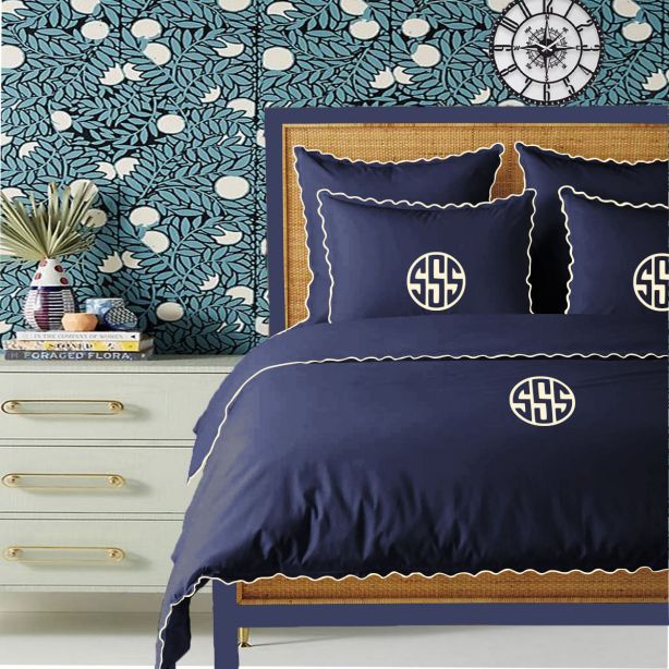 Monogram Navy 400TC Cotton Small Scallop Embroidery Duvet Cover Set