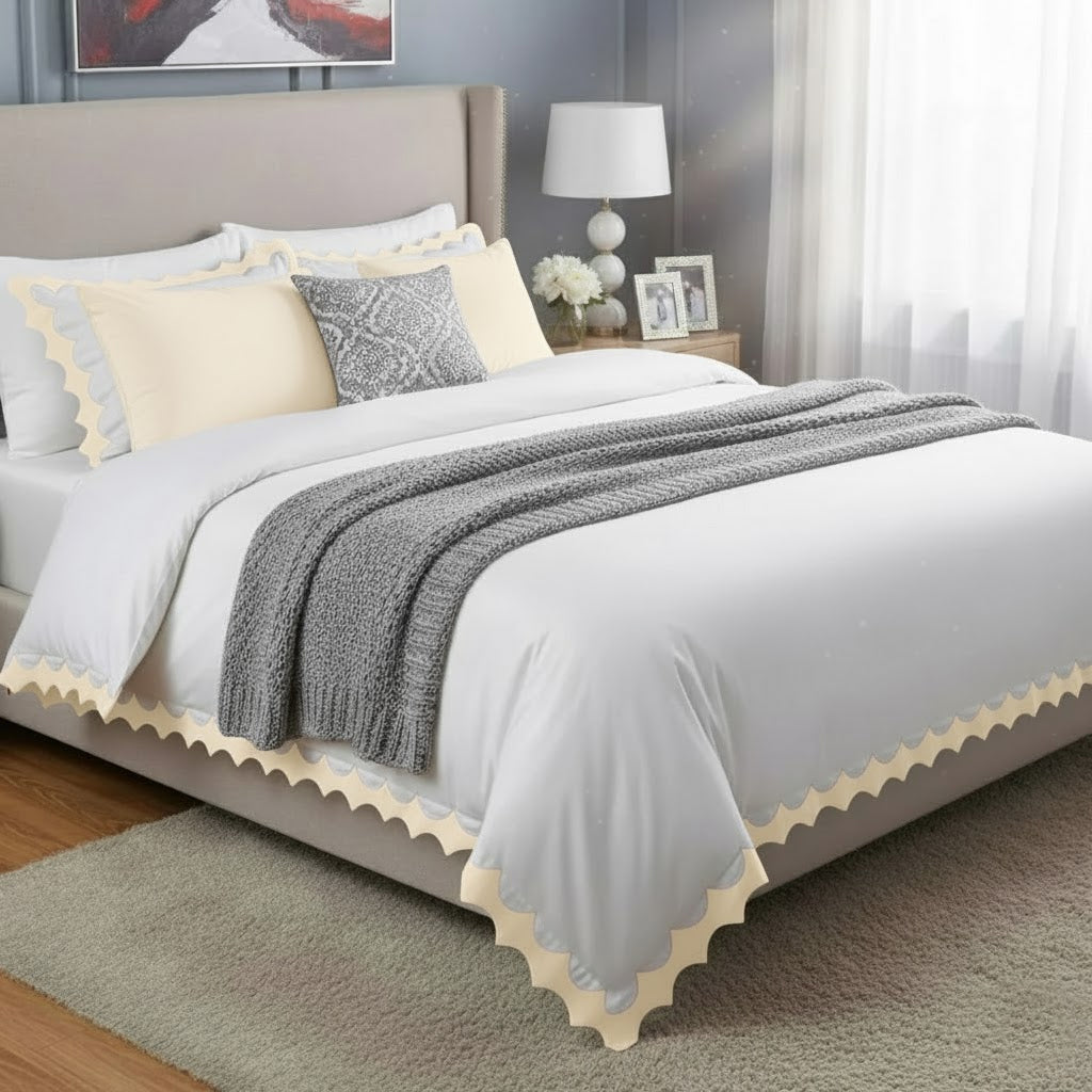 Reverse Scalloped Applique Embroidery Cotton Duvet Cover Set